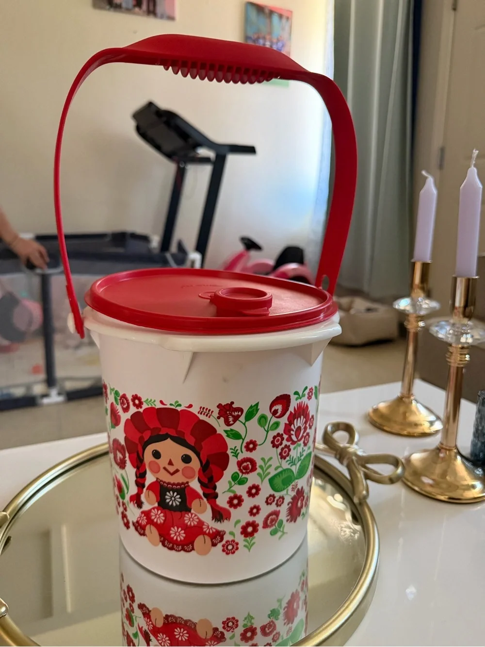 Vintage-Style Red & White Floral Picnic Bucket with Doll Motif